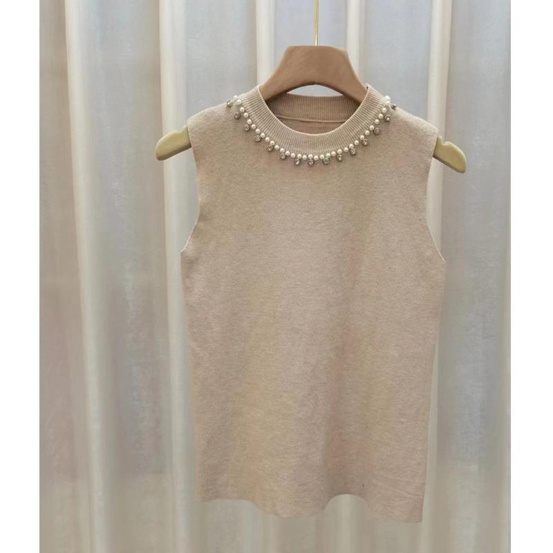 Fashion Knitted Sleeveless Bottoming Shirt Women's Inner Sling Vest Summer Elegant Solid Color Bead New Basic Tank Tops Casual Simple Blouse Clothing