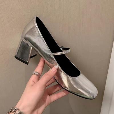 Stříbrné Sexy Dámské Boty na Robustním Podpatku Módní Letní Venkovní Banket Vysoké Podpatky Kulatá Špička Mary Jane Boty Vysoké Podpatky