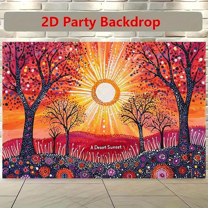 

2D A Desert Sunset Tapestry, Indigenous Dot Art with Colorful Trees and Sunset Print Photo Banner 47.2x31.5inch/120*80cm