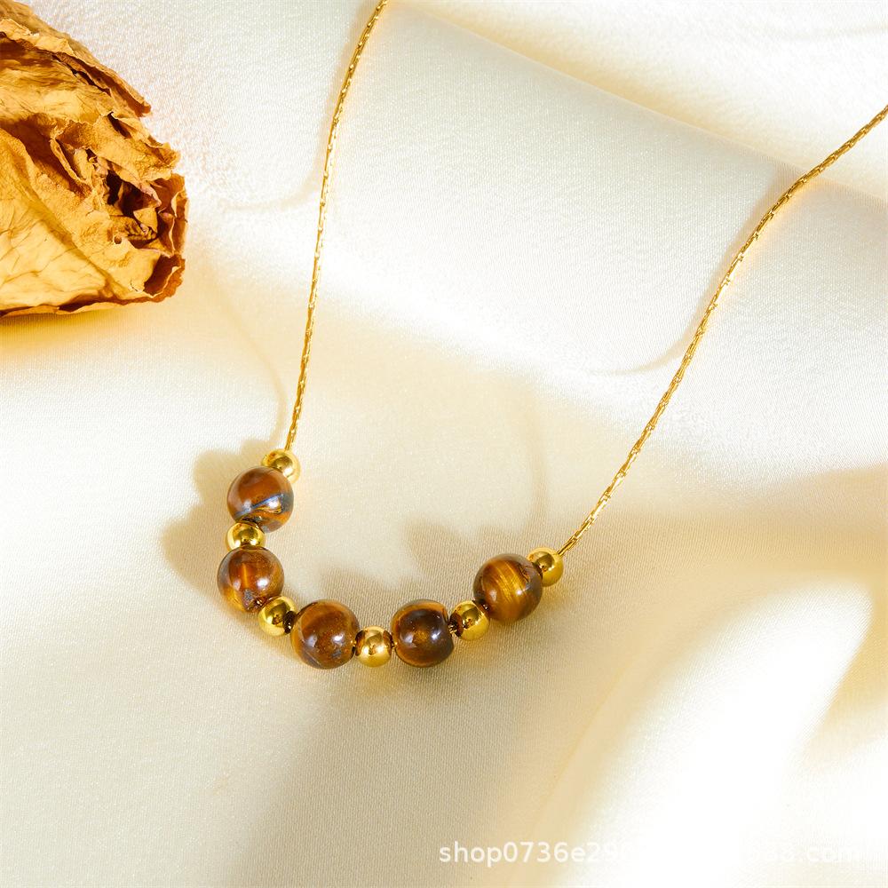 Fashion Retro Handmade Necklace Round Tiger's Eye Stone Beaded Necklace Simple Niche High-end Necklace