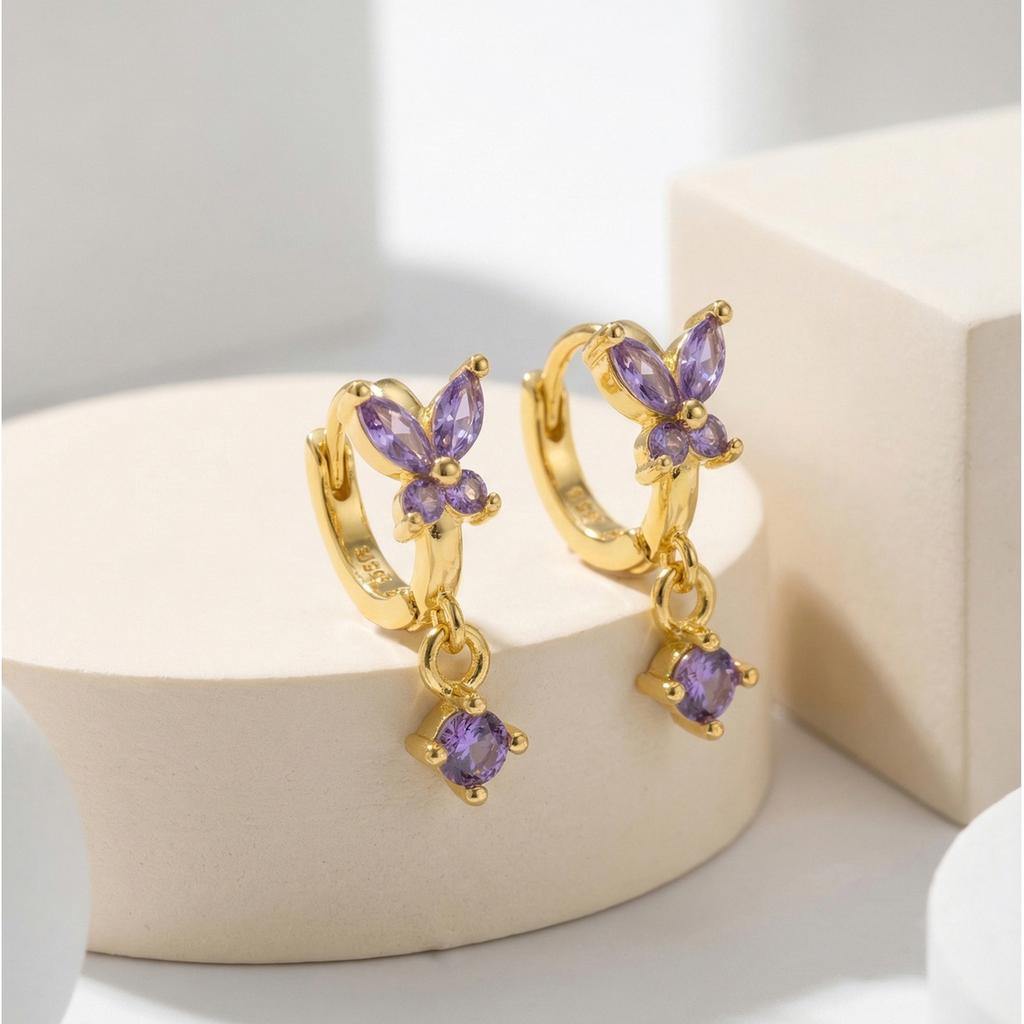 VNox Trendy Crystal Green Zircon Stone Cute Butterfly Hoop Earrings for Women Classic Gold Color Exquisite Wedding Jewelry