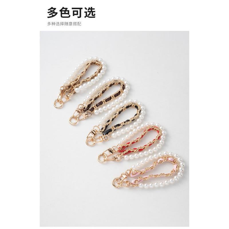 Women Short Wrist Pearl Chain Phone Lanyard Metal Buckle