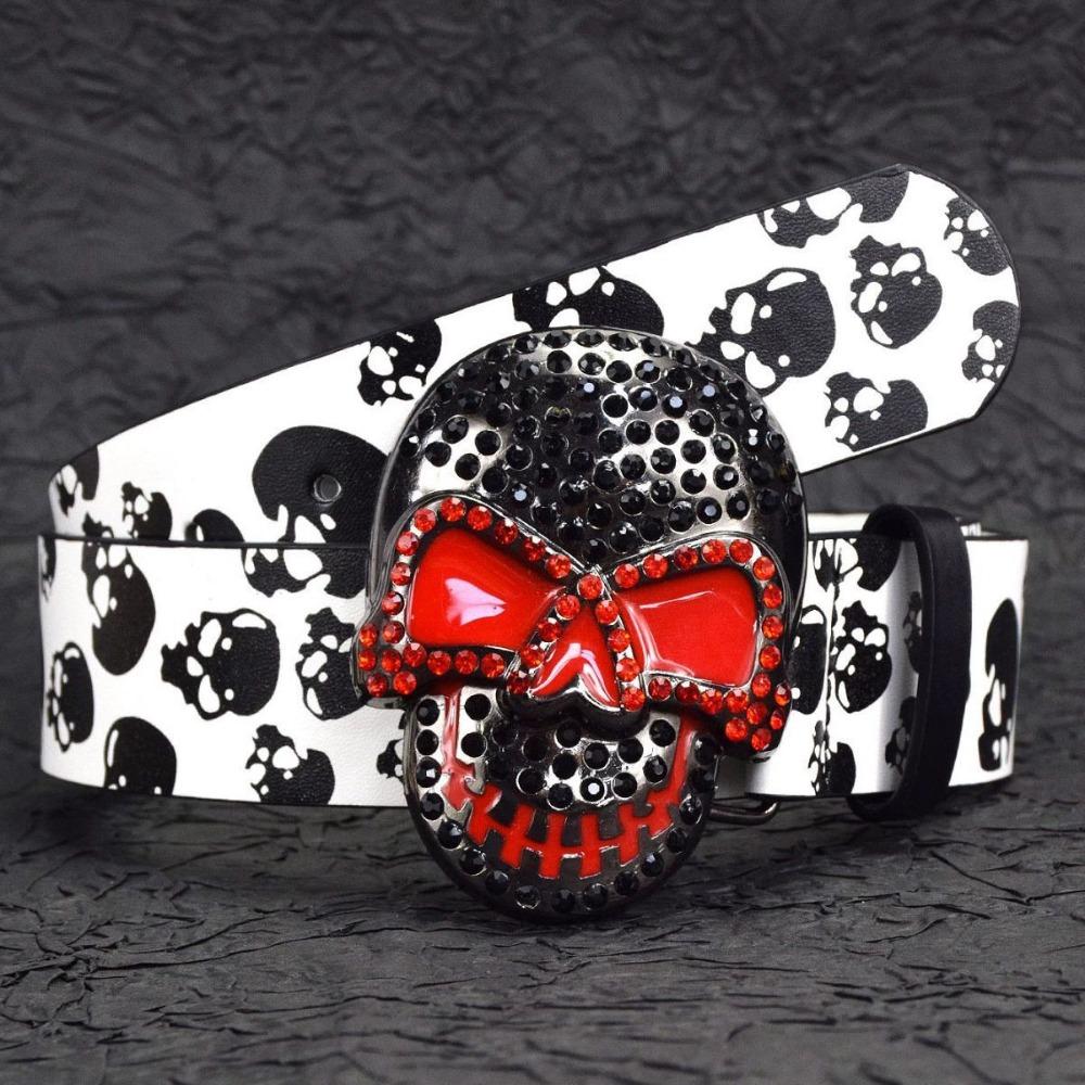 Rhinestone Skull Print Belt Pu Leather Halloween Skeleton Waistband  Belt Accessories