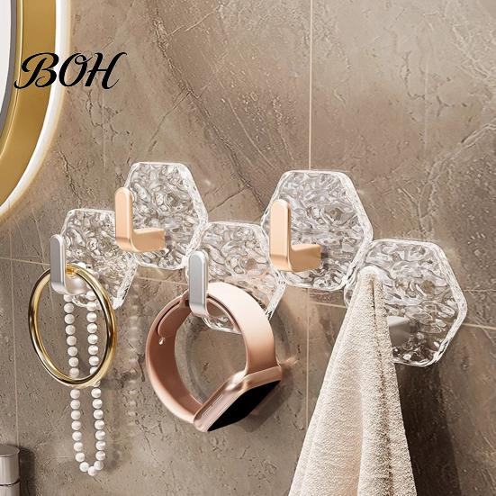Acrylic Hexagon Hooks Adhesive Hooks, Hexagonal Wave Shape, No Drilling Easy Dorm Room Wall Installation Hook, Modern Style Clear for Bathroom Kitchen