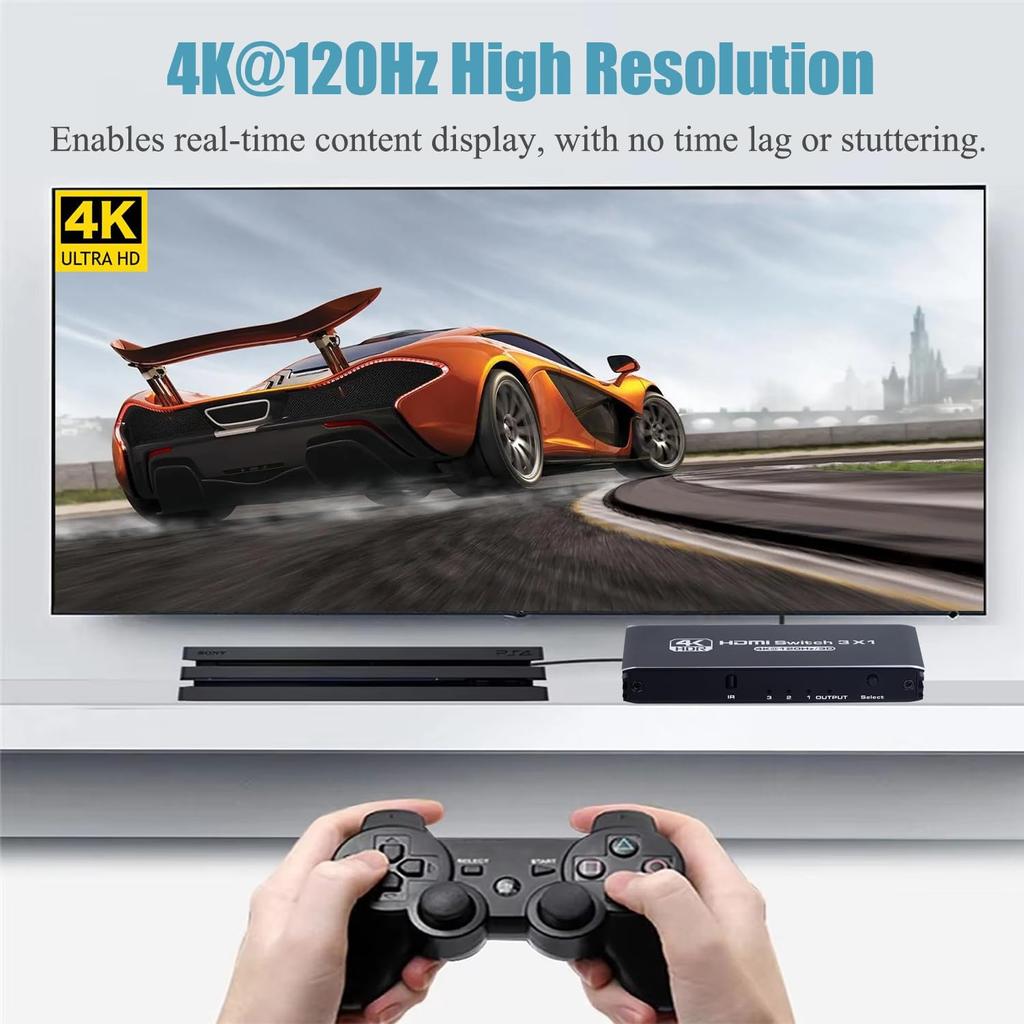 4K 120Hz HDMI 2.0 3x1 Switcher with IR Remote Control for TV/DVD/Game Console