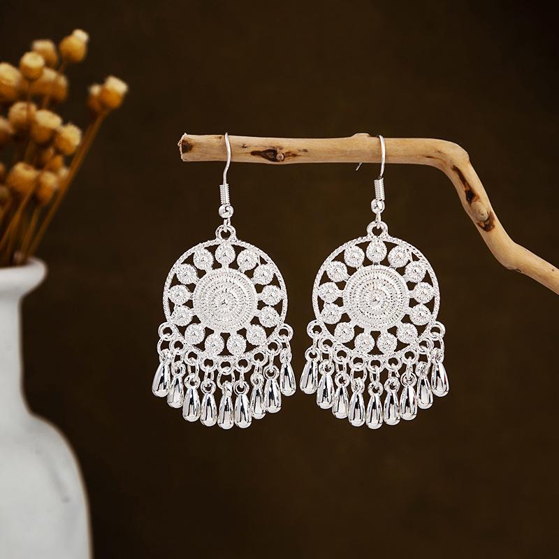 Ethnic Miao Silver Leaf Tassel Earrings