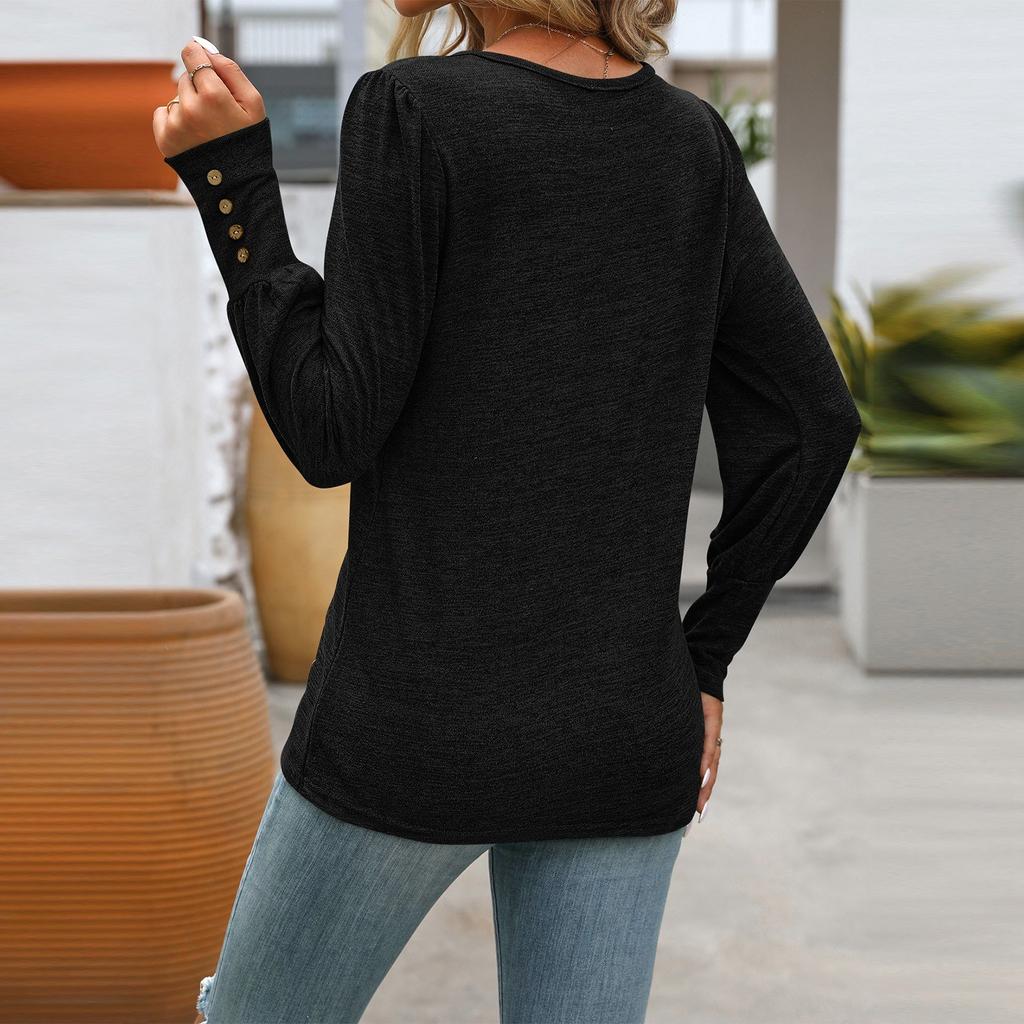 Women's Fashion Color Bubble Sleeve Round Neck Button Long Sleeved Shirt T-shirt Top