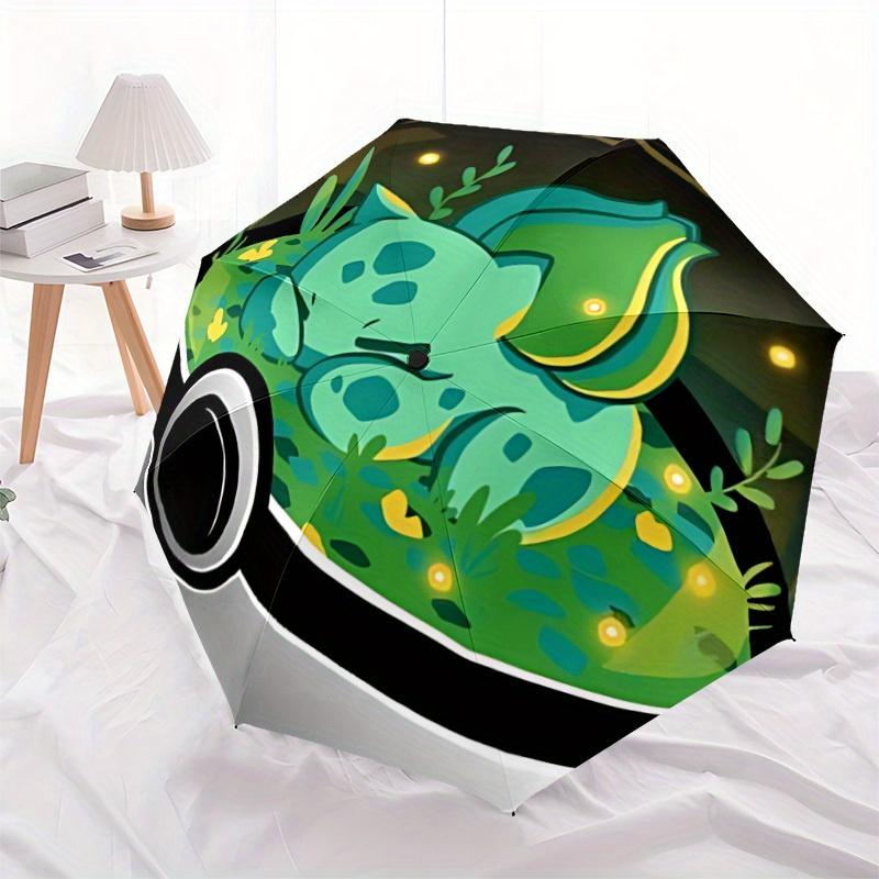 Ombrello Pieghevole Automatico Pokeball Bulbasaur Carino Antivento con Robusto Telaio in Ferro, Ombrello da Viaggio Compatto Portatile per Tutte le Stagioni Feste005