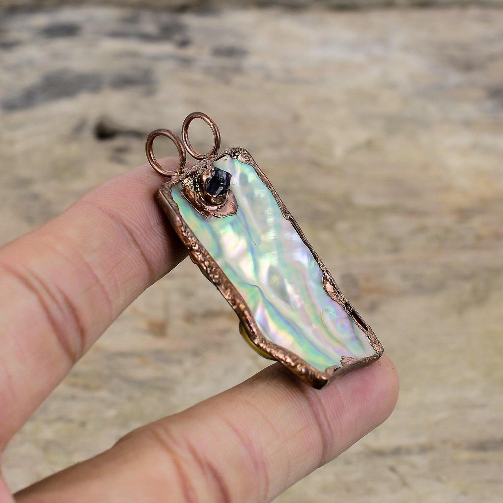 Abalone Shell Rough Pendant Electroformed Copper Pendant Handmade Gemstone Jewelry African Amethyst Rough Pendant Women Jewelry Gift For Him