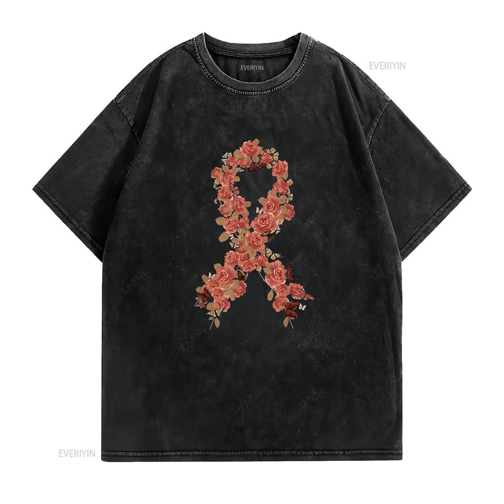 Womens Peach Ribbon Uterine Endometrial Cancer Awareness T Shirt Black 2X Large vintage Washed Unisex fashion Slightly