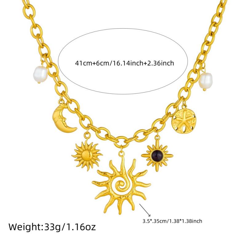 Trendy Starfish Moon Sun Shaped Pendant Charm Necklace Statement Stainless Steel Golden Chain Fashion Jewelry Pvd Plated