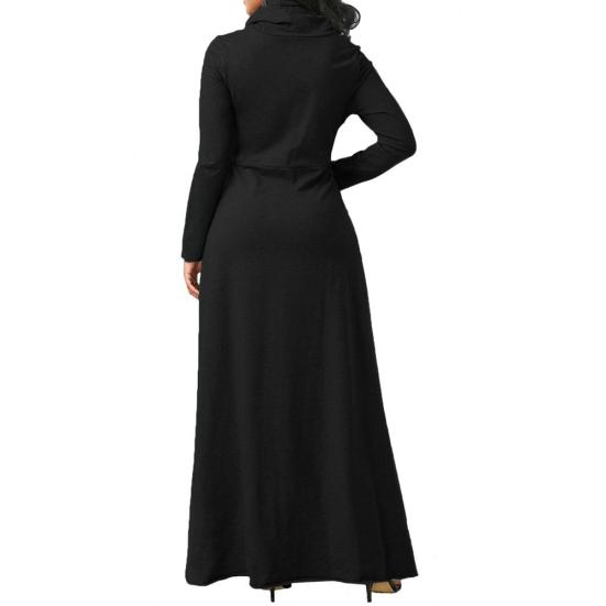 Plus Size Autumn Women Solid Color Cowl Neck Long Sleeve Maxi Dress with Pockets
