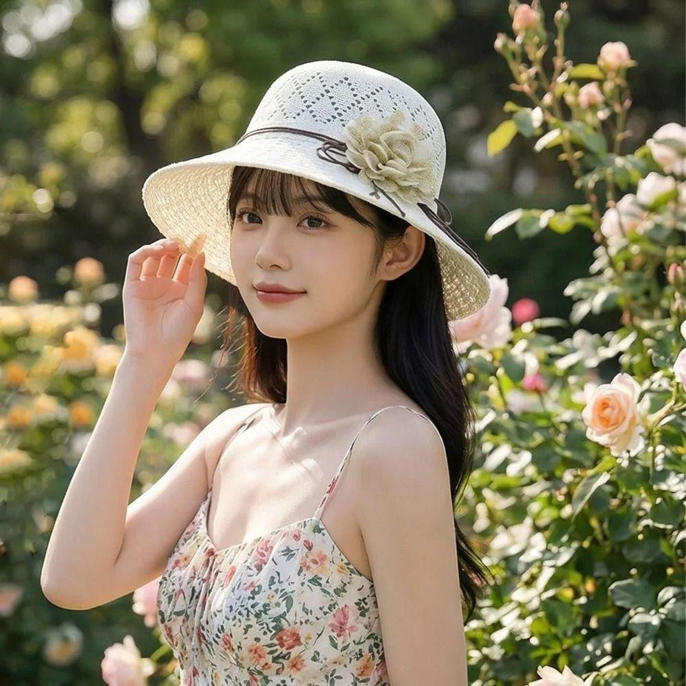 Flowers Decoration Beach Hat Foldable Design Bucket Hat Casual Straw Hat  Sun Protection