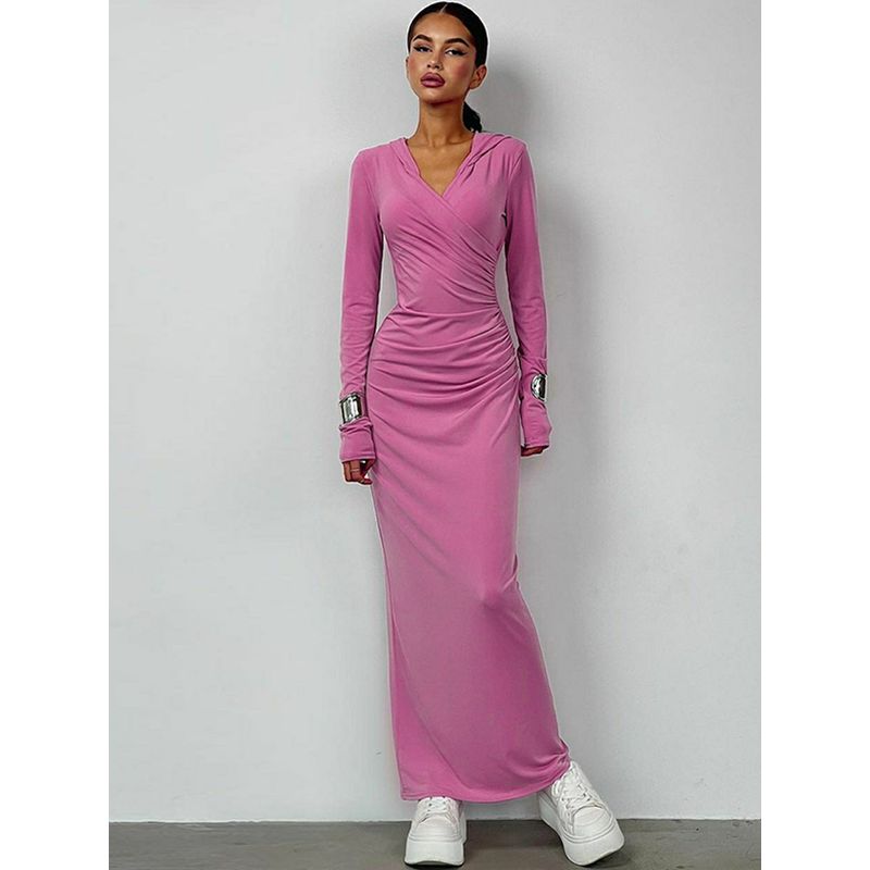 

Cross V-neck Elastic Silm below the Knee Long Sleeve Dress