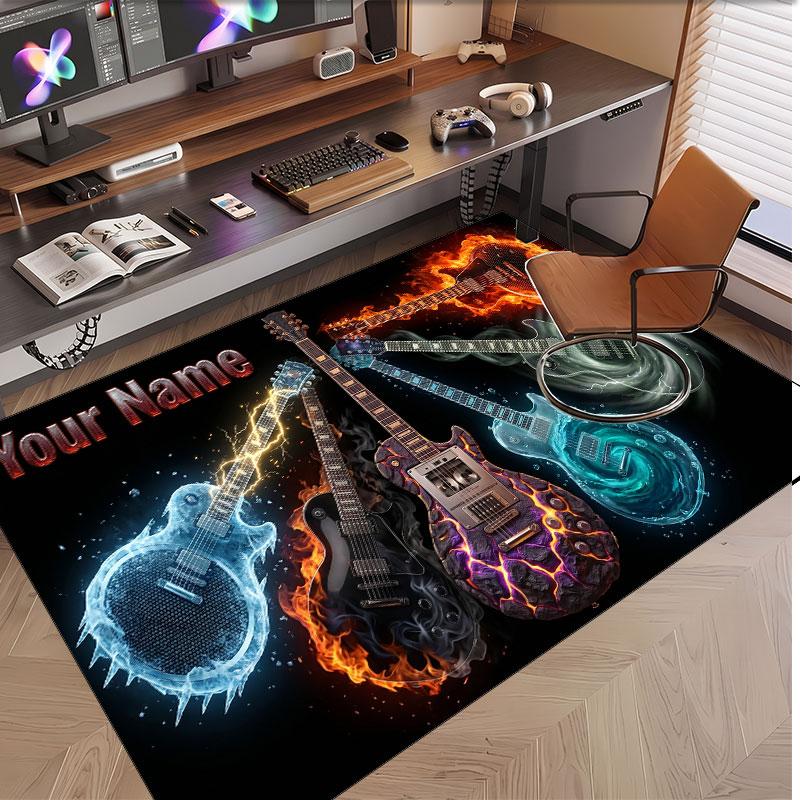 Music Guitar Theme Soft Crystal Velvet Rug Custom Name & Text Print Non Slip Floor Rug for Bedroom Living Room