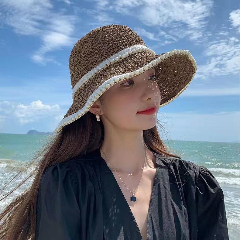 

New hat women s woven pearl straw hat summer explosion sunshade sun protection seaside beach tourism street shot sun hat women Adjustable хакі