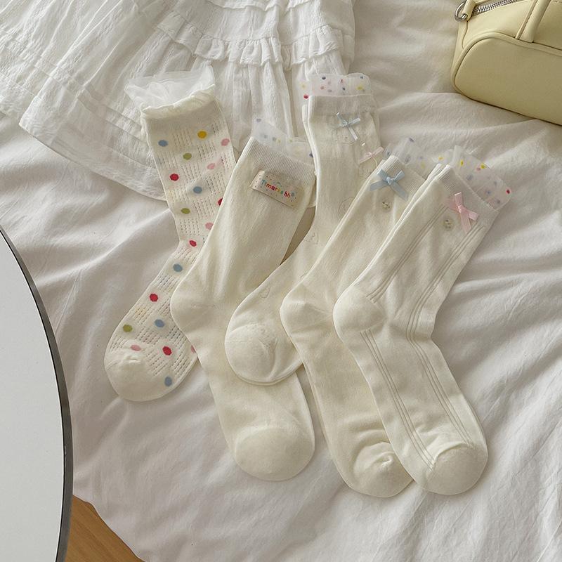 Bílé ponožky, Dámské podzimní látkové štítkové ponožky do půli lýtek, Sladká mašle, Krajková lemovka, Froté ponožky, Bezkostní
