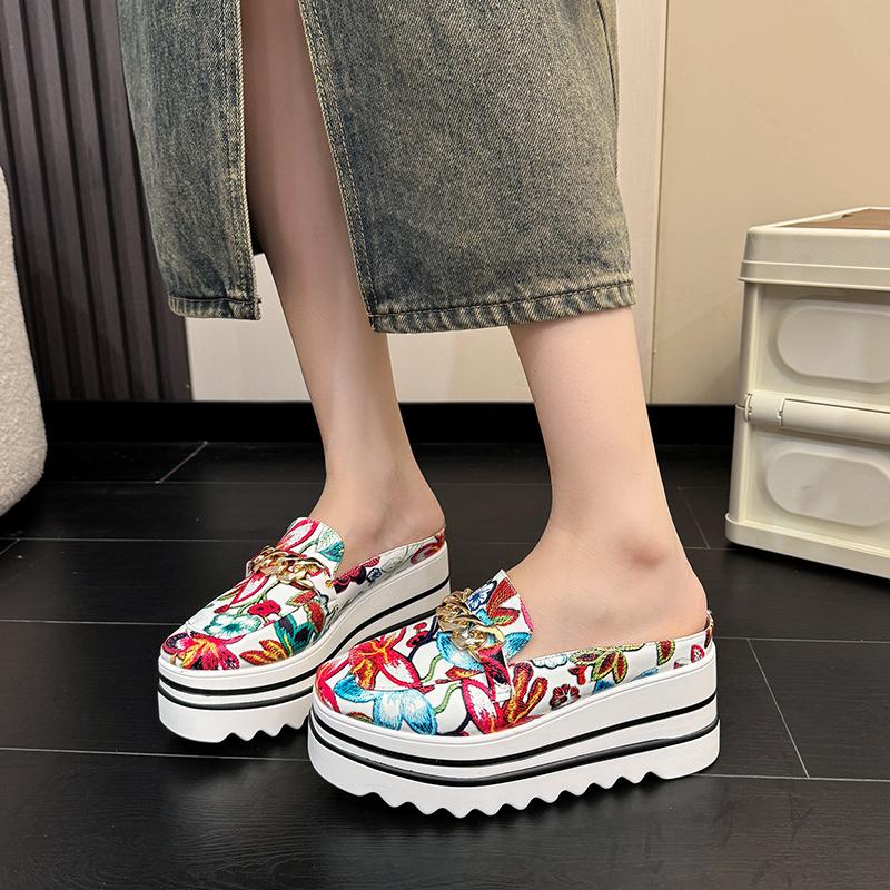 

Модные металлические цепочки, шлепанцы с закрытым носком, женская мода, квадратный носок, средний вырез, принт, нескользящая платформа, полусабо 42 белый