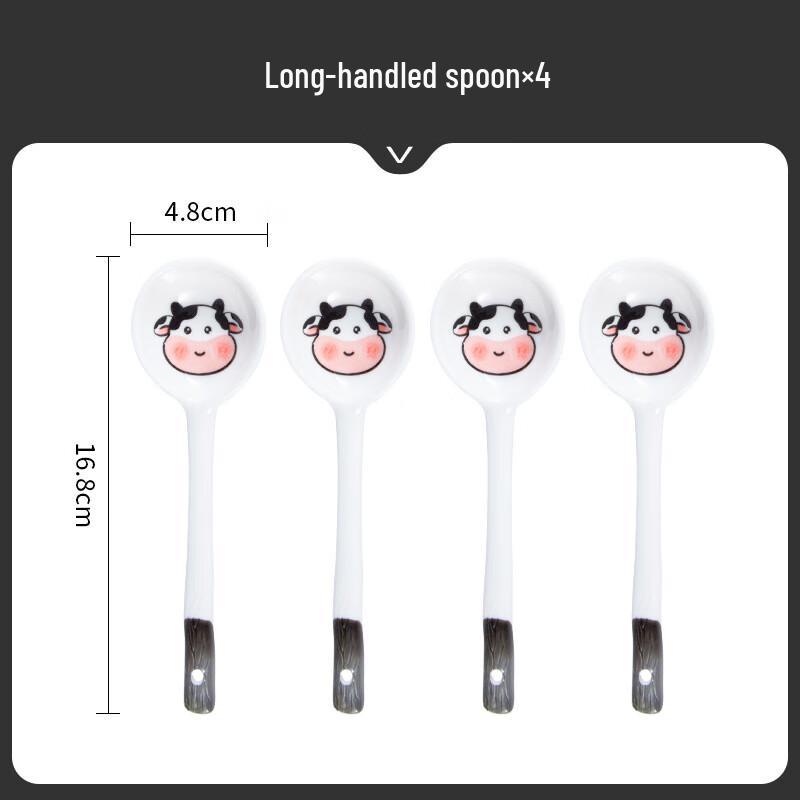 Cute Cow Cartoon Ceramic Tableware Set Long-handled Spoon (4-pack)