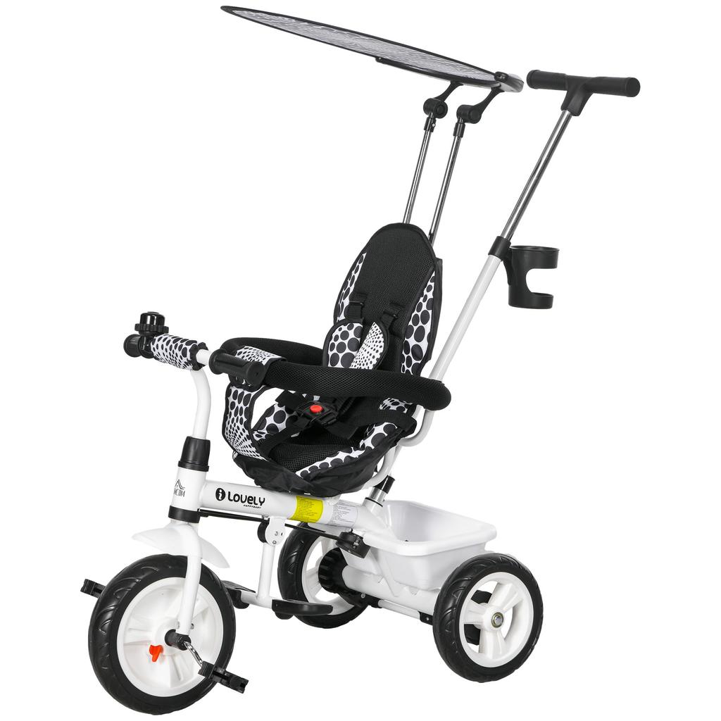 6-in-1 Children's Tricycle, Push Bar, Canopy, Harness, Storage Basket, 1-5 Years, White