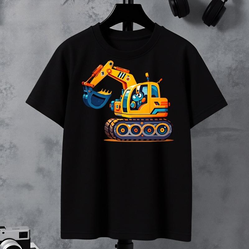 T-shirt da bambino con stampa di escavatore colorato a cartoni animati, girocollo, manica corta