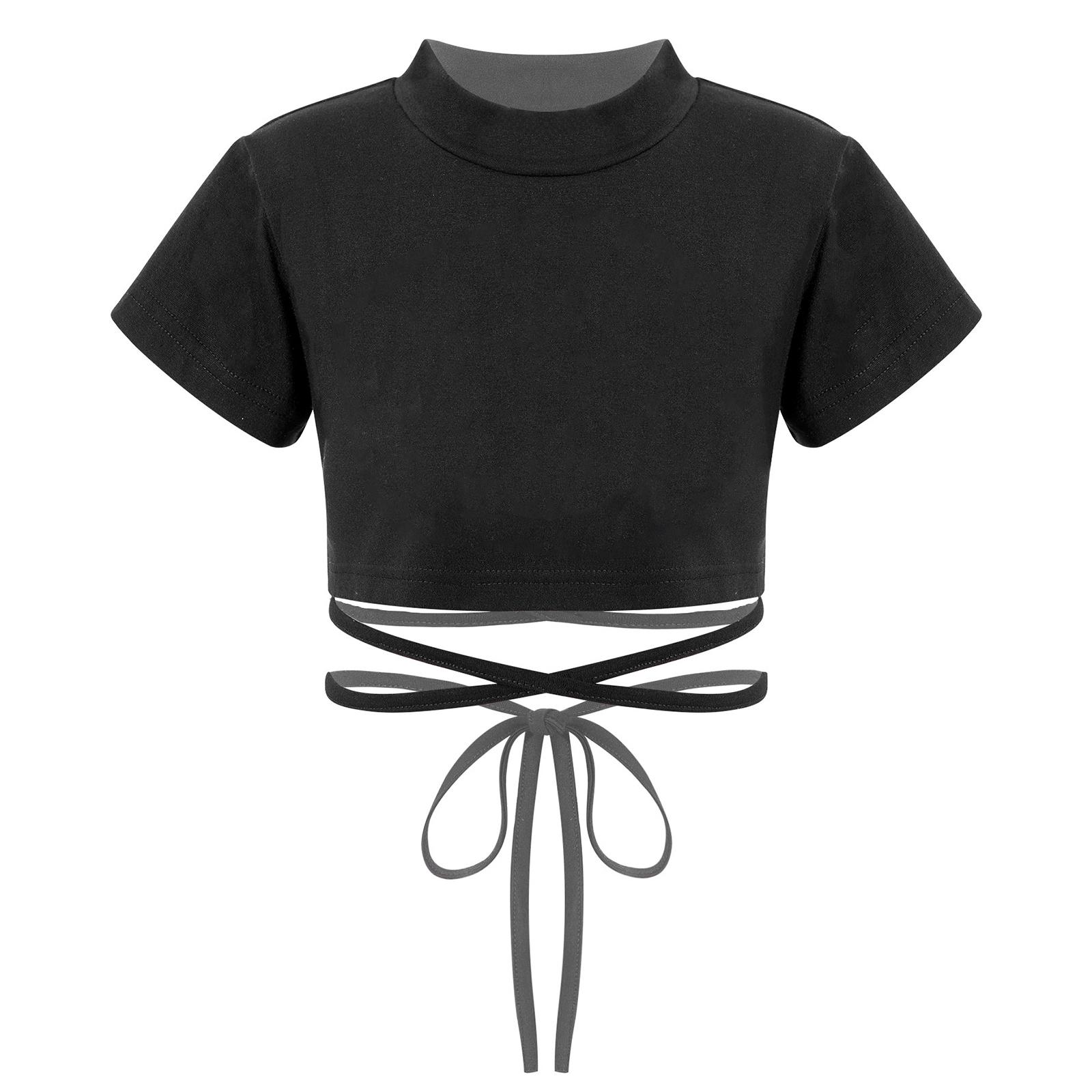 

Girls Cut Out Crisscross Gymnastics Dance Tee Crop Tops Short Sleeve Round Neck T-Shirts 15-16 Years чорний