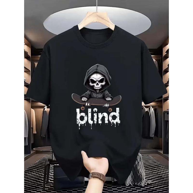 European sizes Men s Skateboarding T-Shirt with Skull & Skateboarder Graphics - Streetwear Style Short Sleeve Round Neck Tee S чёрный