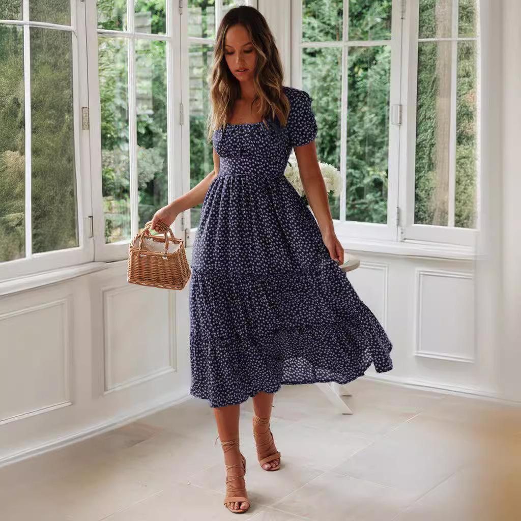 GMXIA Square Collar Bubble Sleeve Floral Print Dress Long Skirt