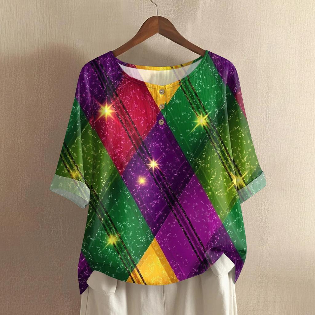 Women's Fashionable And Casual Shirt Half-sleeve Round Neck Cotton And Linen Blouse Top