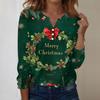 Women's Fashion Casual V-Neck Long Sleeve Decorative Button Christmas Print Top