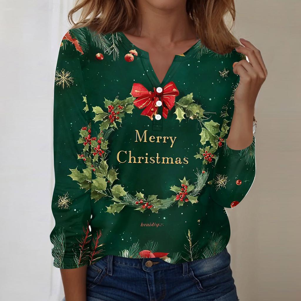 Women's Fashion Casual V-Neck Long Sleeve Decorative Button Christmas Print Top