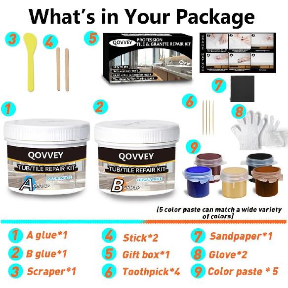 Tile & Fiberglass Quartz Countertop Repair Kit (Color Match), Granite & Tub Repair Kit, 4 Oz Porcelain Sink Mable Chip Repair for Cracks Chips Dents