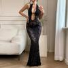 Women's Sexy Solid Color Halter Neck Hollow Out Sheer Lace Slim Fit Mermaid Maxi Evening Party Dress