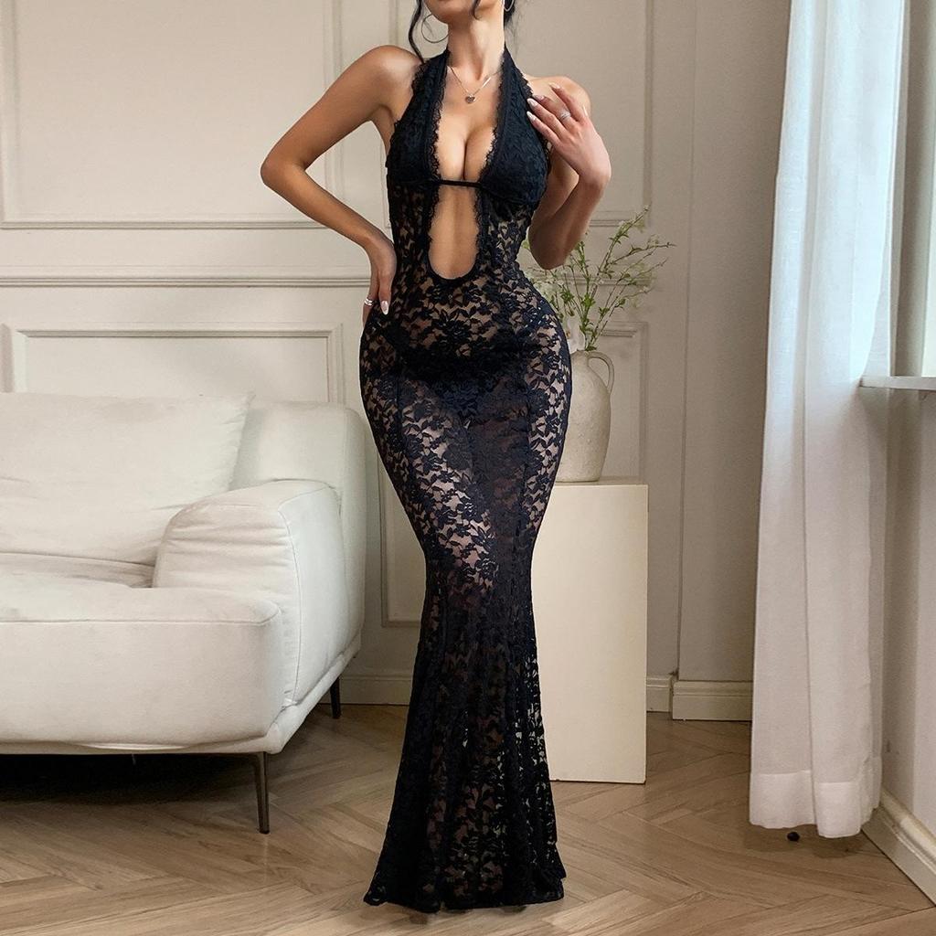 Women's Sexy Solid Color Halter Neck Hollow Out Sheer Lace Slim Fit Mermaid Maxi Evening Party Dress