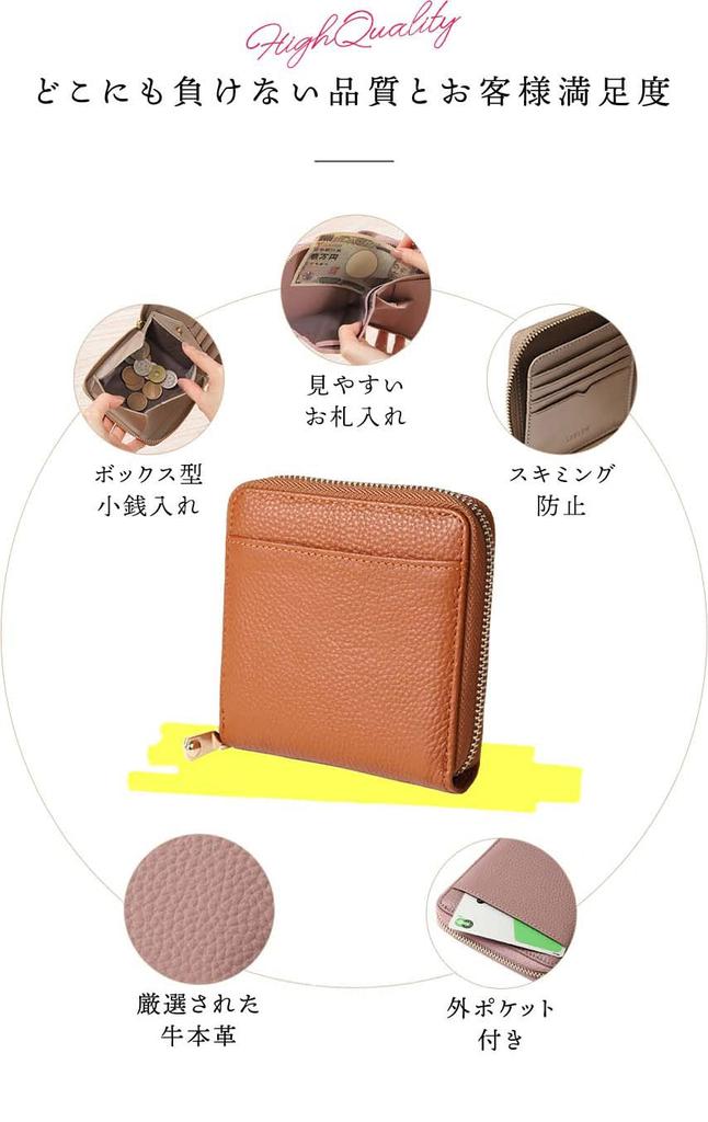 LASIEM Bifold Wallet Bifold Wallet Genuine Leather Mini Wallet Compact Leather Large Capacity Box Type Box Type Round Zipper Wallet Women's "Skimming