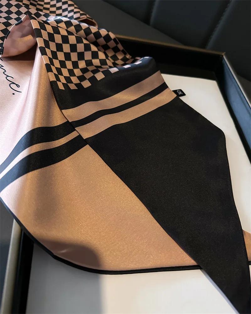 Plaid Scarf Women Imitation Silk Neck Kerchief Foulard Female Hairbands Narrow Ribbon Hair Scarves Bag Ties 15*150Cm