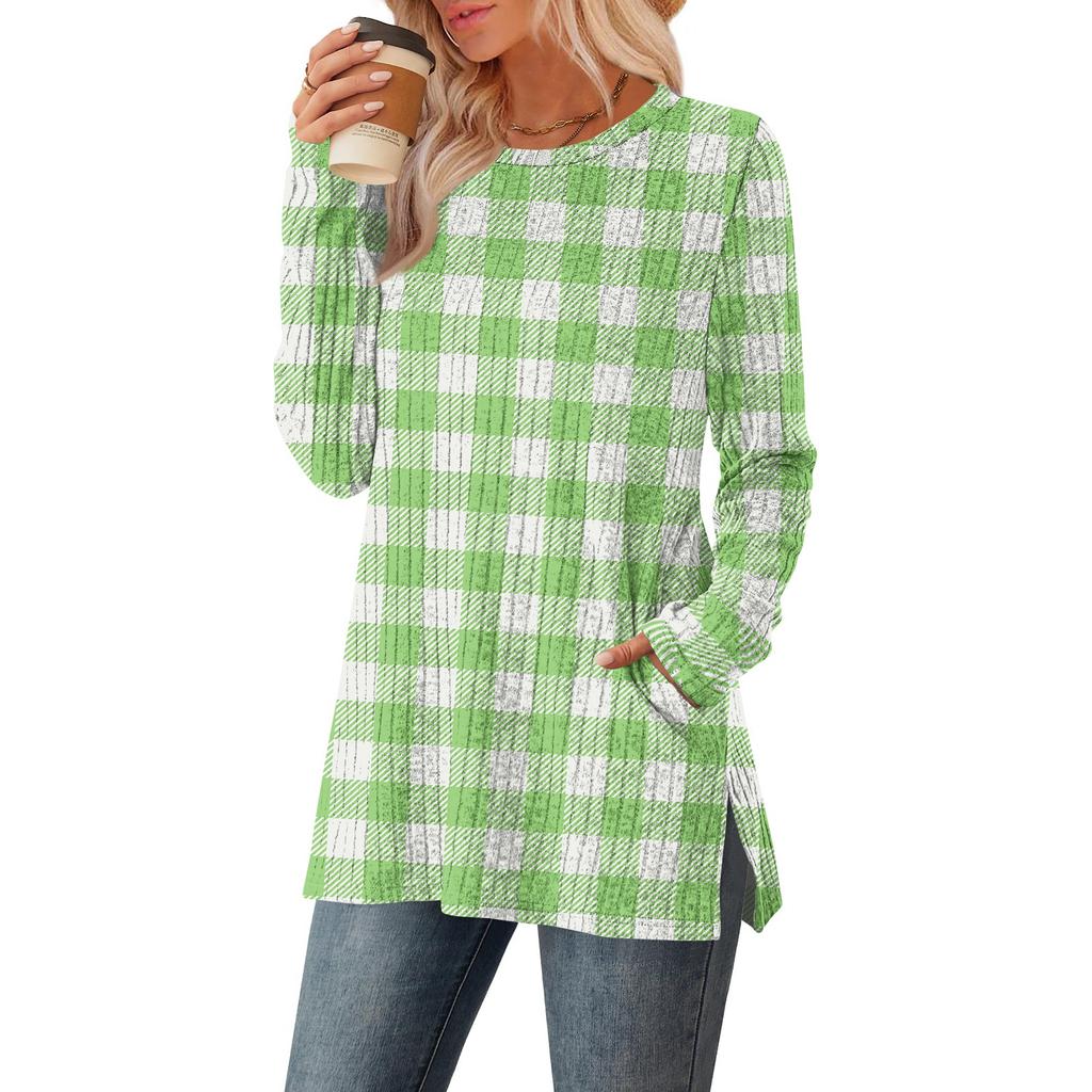 Women's Checkered Printed Round-neck Long-sleeved Top With Pockets And Side Slits