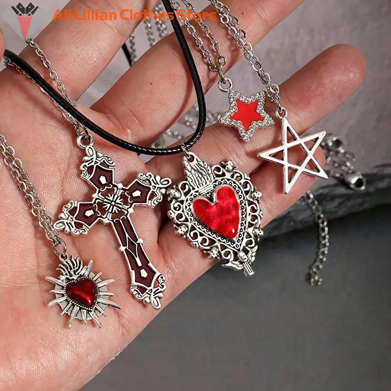 Hot Sale 5Pcs Gothic Necklace Set For Women Jewelry Heart Bat Spider Cross Pendant Sweater Chain Trendy Daily Accessories Gift