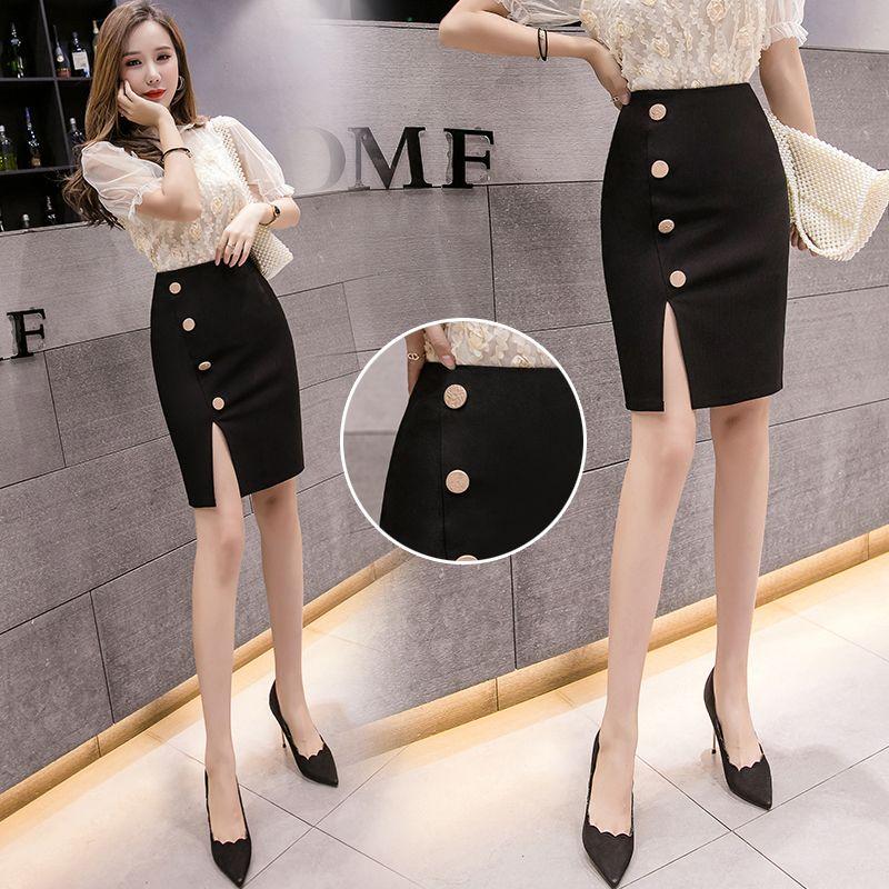 Sommer Ny Knappedelt Kort Skjørt Høy Midje Elastisk Profesjonell OL Dame Patchwork Glidelås Lomme Svart Omslag Hofte Halvskjørt