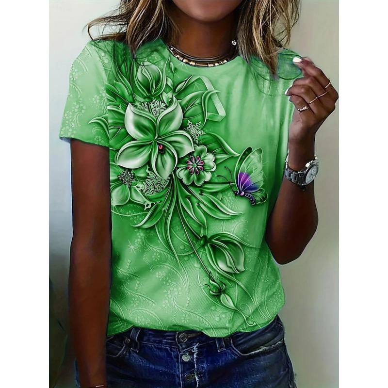 Women's T-shirt 3D Floral Print Short Sleeved T-shirt for Summer