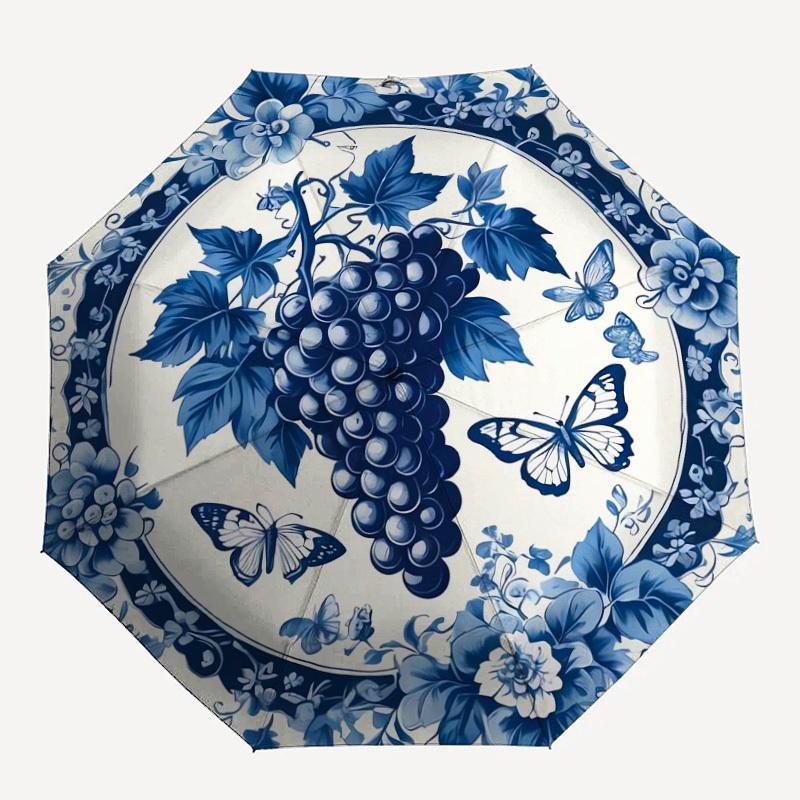 1 шт. Зонт с рисунком «Виноград и бабочки», Автоматическое открытие и закрытие, Высококачественный зонт, Идеальный подарок для нее