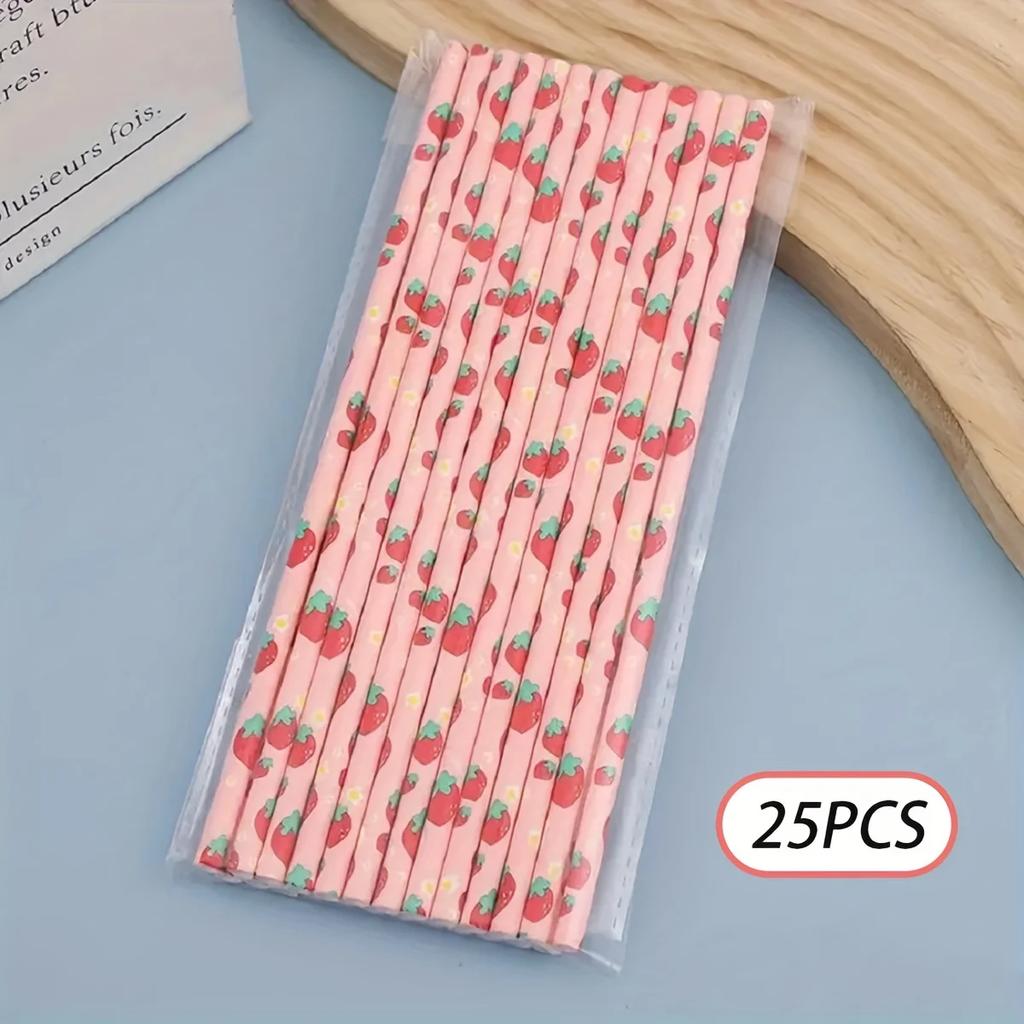 Pink Strawberry Paper Straws Set for Summer Fruit Themed Party Decorations Seaside Beach Birthday Celebration Festive Tableware