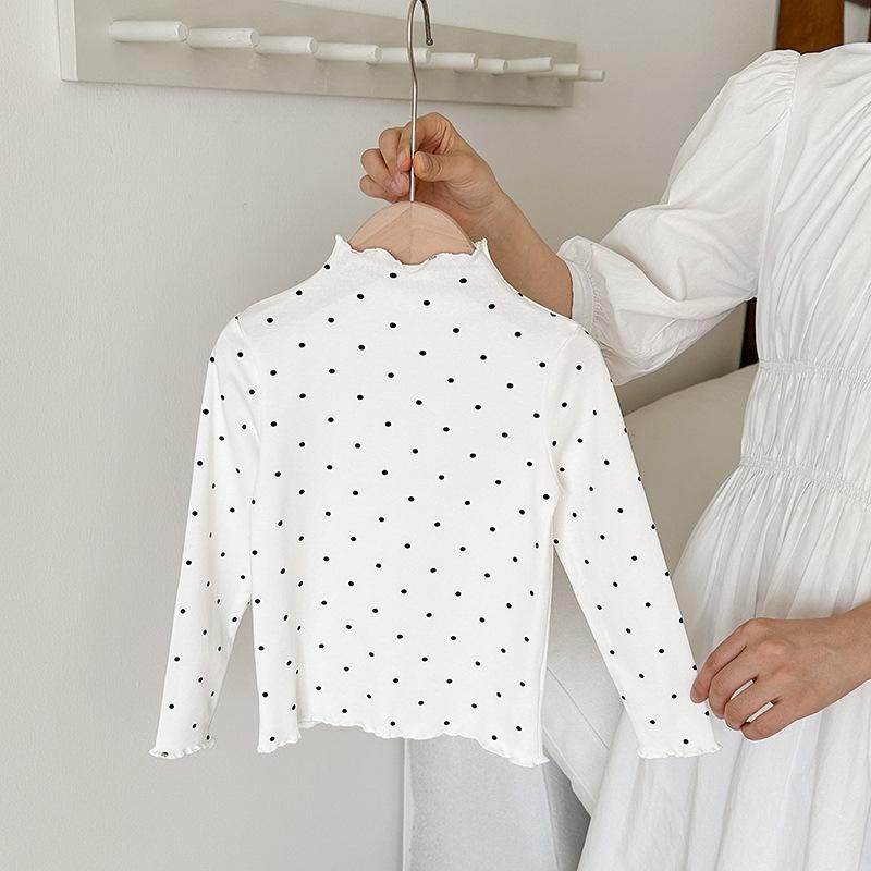 Children Girls Long-sleeved T-shirts Autumn Dot Print Infant Babys Girl Tops Turtleneck Bow Flower Toddler Kids Girls Undershirt