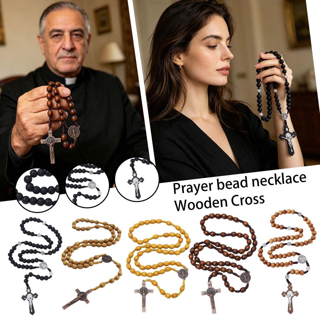 Wooden Rosary Beads Necklace with Cross Pendant Religious Prayer Beads Catholic Rosary Chain with Metal Medals and Crucifix Pendant