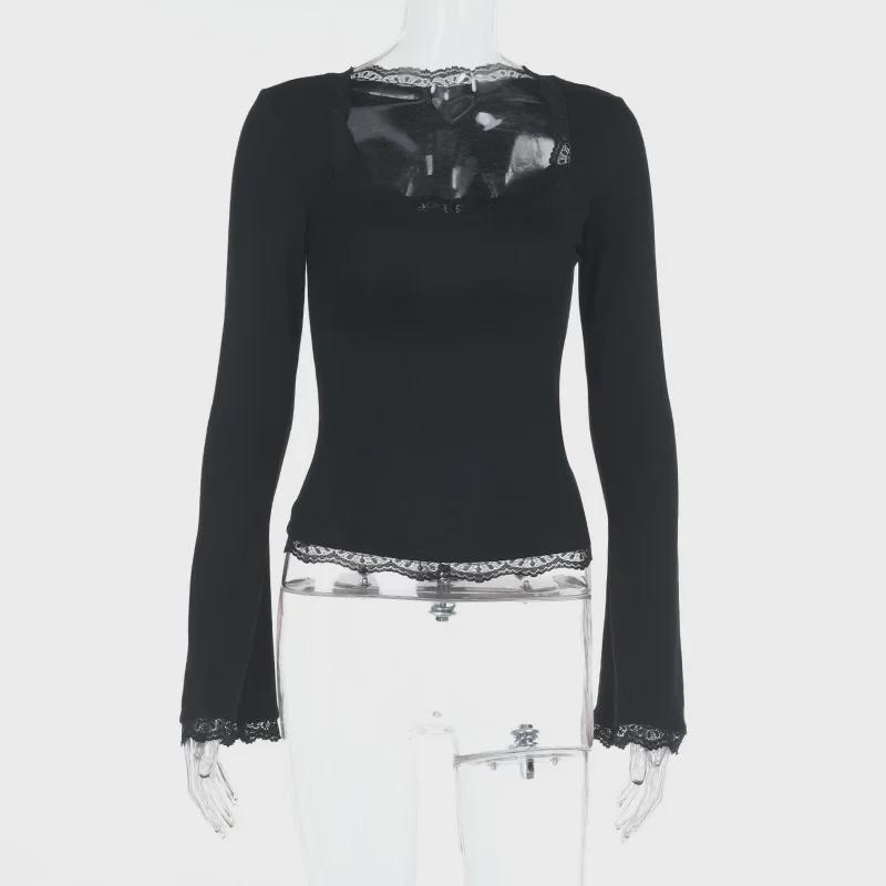 2025 Spring/Summer European & American Style Women's Sexy Slim Lace Long Sleeve Top