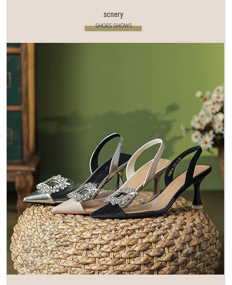 Rhinestone Buckle Transparent Pointed Toe Stiletto Sandals - Women's Spring/Summer Fairy Style