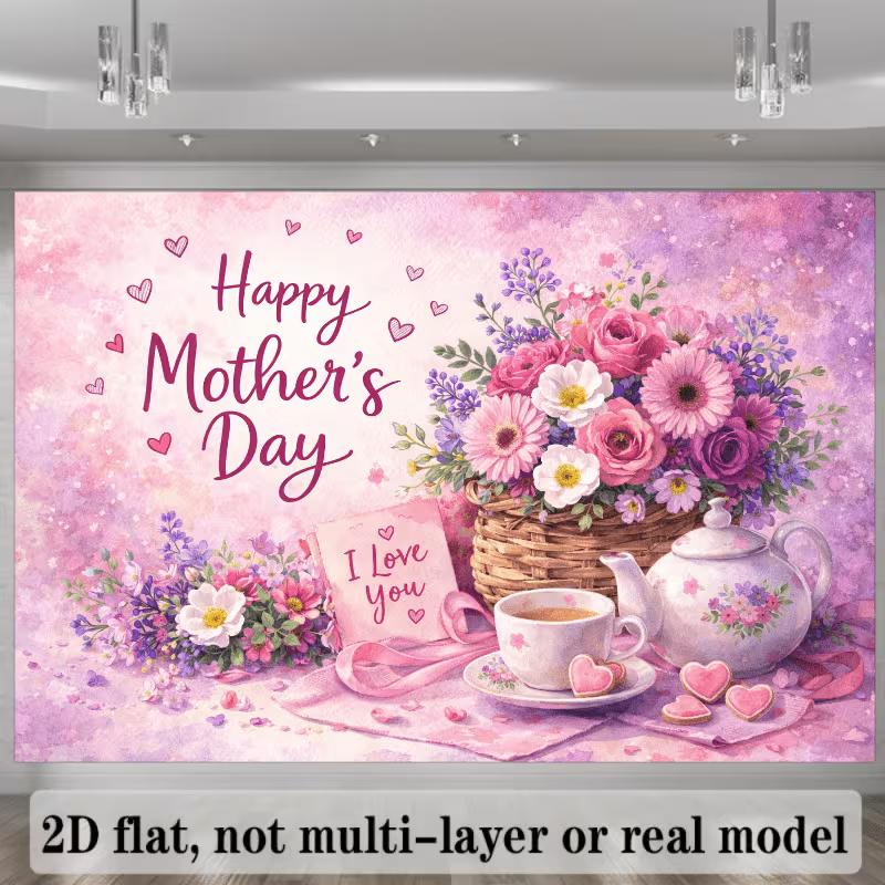 2D Mother's Day Tea Party Backdrop, Pink Purple Floral Banner, Happy Mother's Day Decor