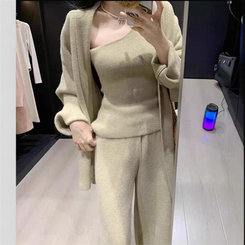 High-end Knitted Sweater Set 2025 Autumn and Winter New Cardigan + Vest + Wide-leg Pants Three-piece Set for Women