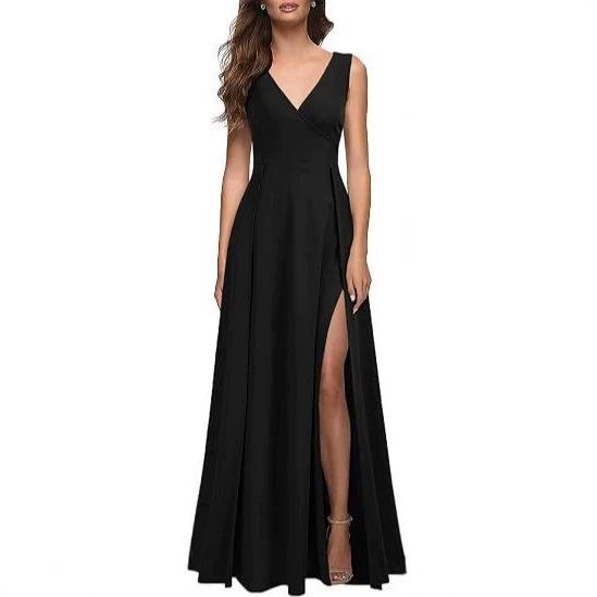 European and American Women's Clothing Sexy Black Dress Long Dress New Fashion Pleated Sleeveless Slit Tide
