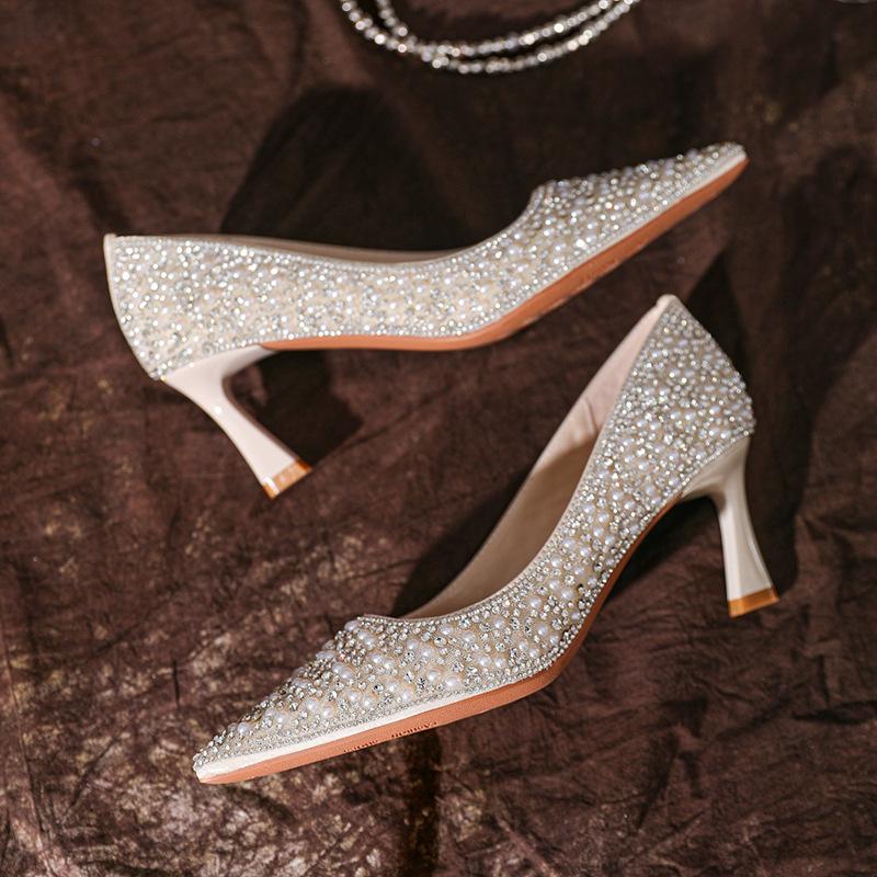 3358-7 Sheepskin Rhinestone Pearl Xiuhe High Heels High Sense Bridesmaids Wedding Dress Bridal Wedding Shoes Single Shoes Autumn
